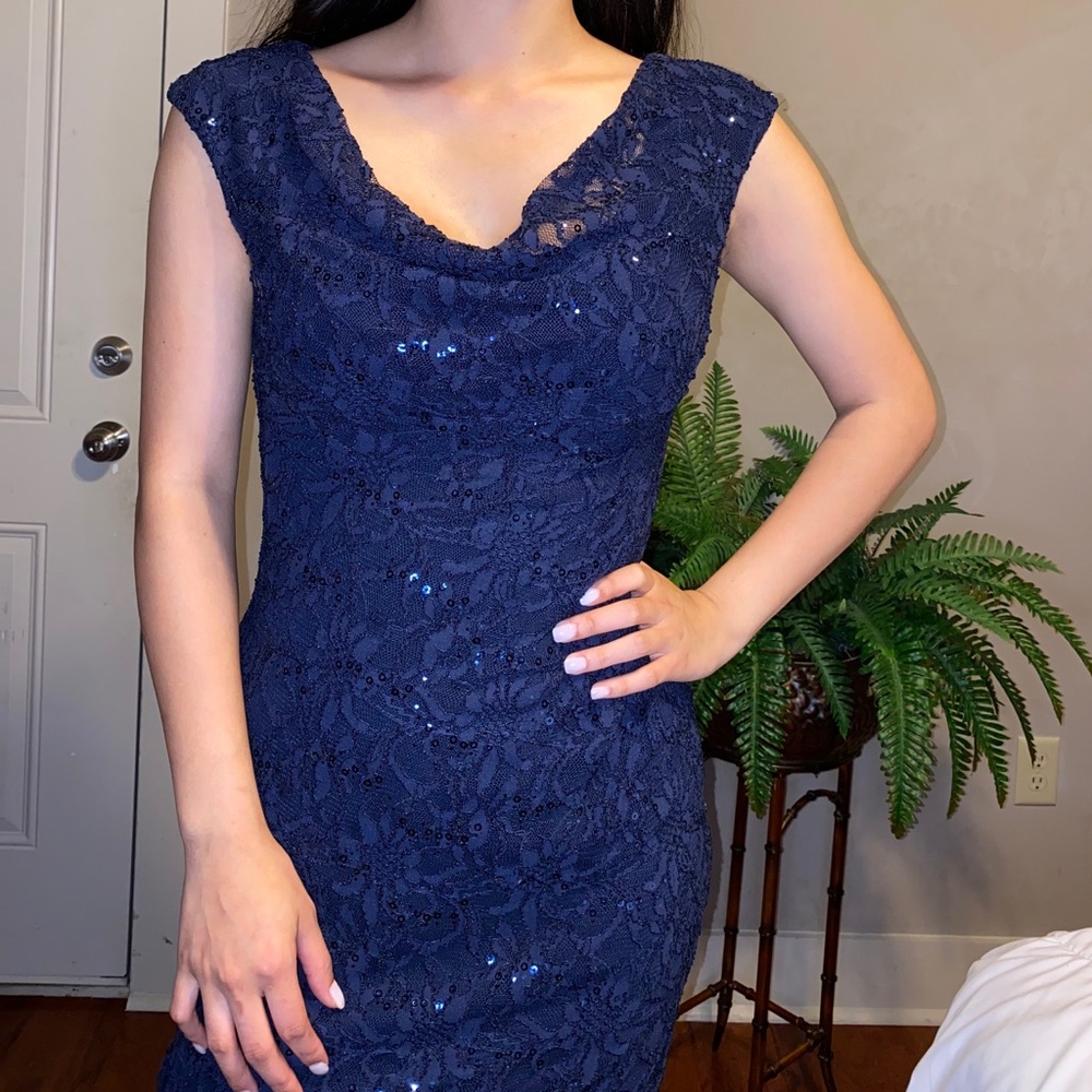 Scoop Neck Blue Sequin Lace Dress